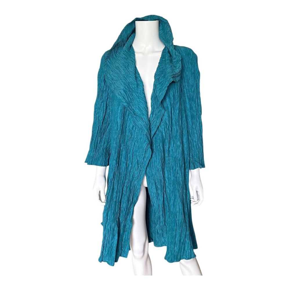 Vicky Tiel Open Front Jacket Womens M Teal Crinkle Waterfall Draped Stretch